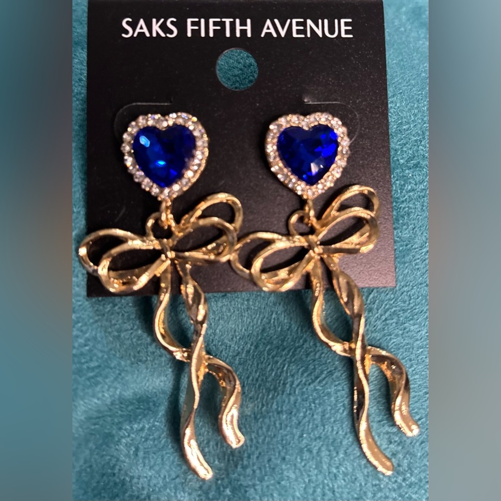 Saks Fifth Avenue Gold Bow Earrings with Blue Hearts